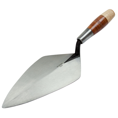 Picture of 10” Wide London Brick Trowel with Low Lift Shank on a Leather Handle