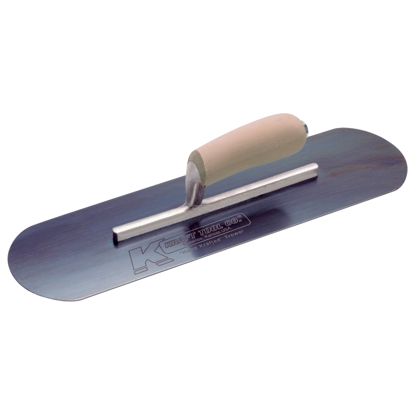 Picture of 12" x 3" Blue Steel Pool Trowel with a Camel Back Wood Handle on a Short Shank